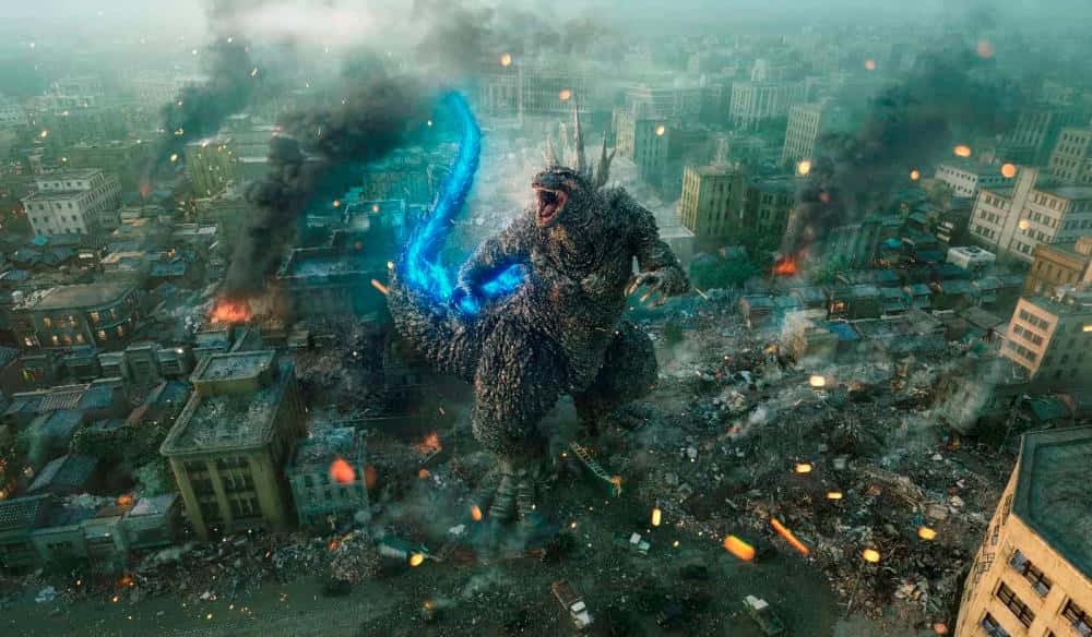 Godzilla, glowing blue atomic breath, burning ruined cityscape, SD Desktop Wallpaper