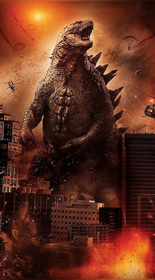 Godzilla, comic edition, burning cityscape, SD Phone Wallpaper