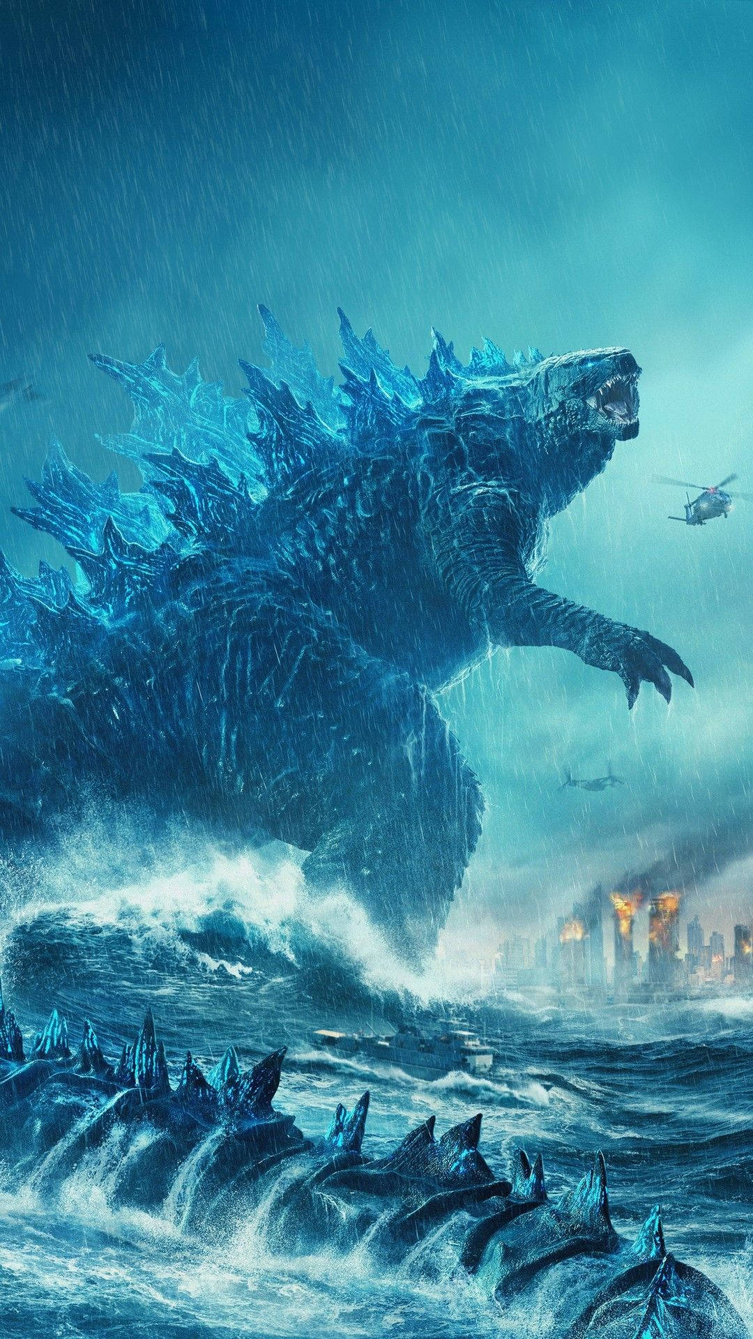 Godzilla, blue Godzilla, stormy ocean waves, Full HD Phone Wallpaper