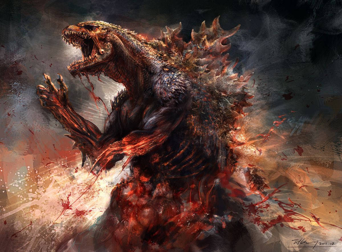 Godzilla, ripped monster, blood splattered, SD Desktop Wallpaper