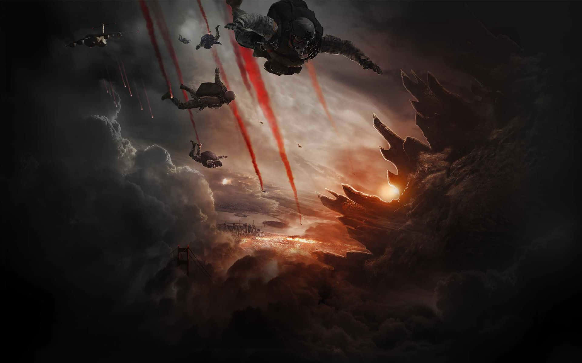 Godzilla, parachute, stormy clouds, Full HD Desktop Wallpaper
