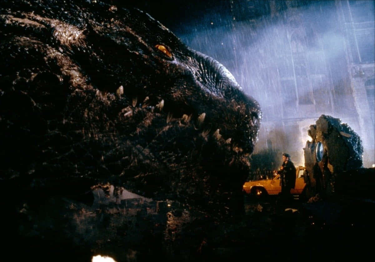 Godzilla 1998, rain-soaked city street, yellow car, SD Desktop Wallpaper