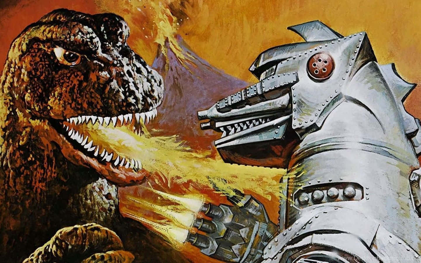 Godzilla 1954, roaring dinosaur, metallic robot, HD Desktop Wallpaper