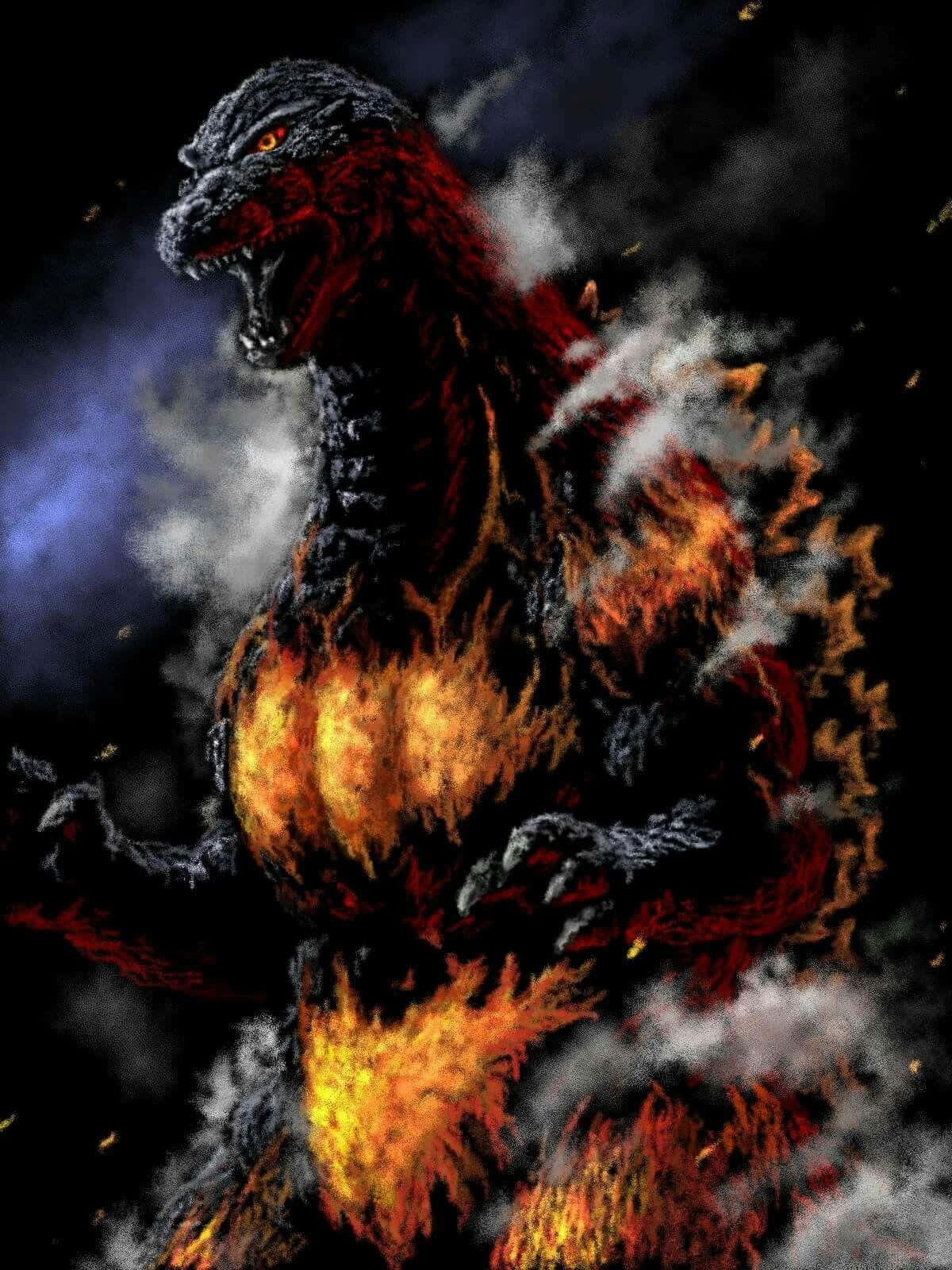 Godzilla, fiery Godzilla, dark stormy sky, HD Phone Wallpaper