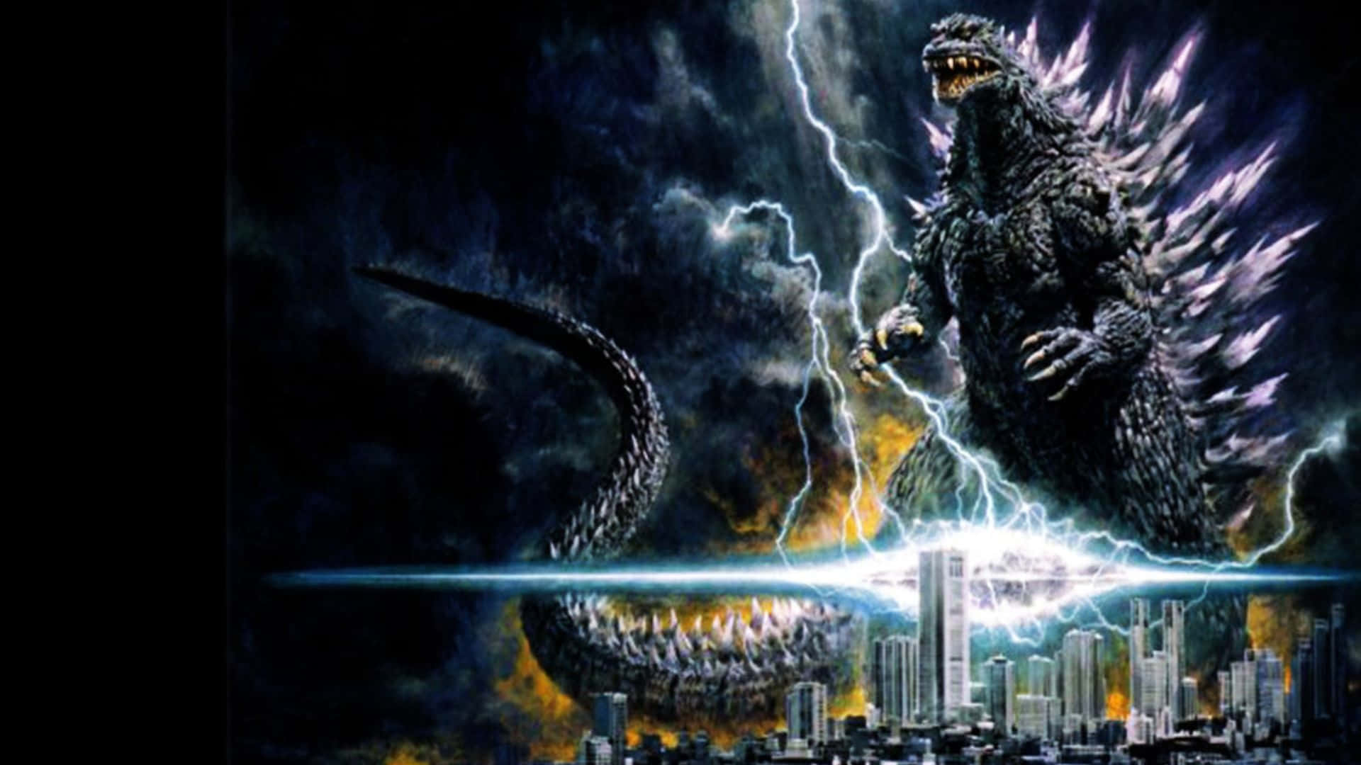 Godzilla 2000, burning cityscape, glowing blue energy beam, Full HD Desktop Wallpaper