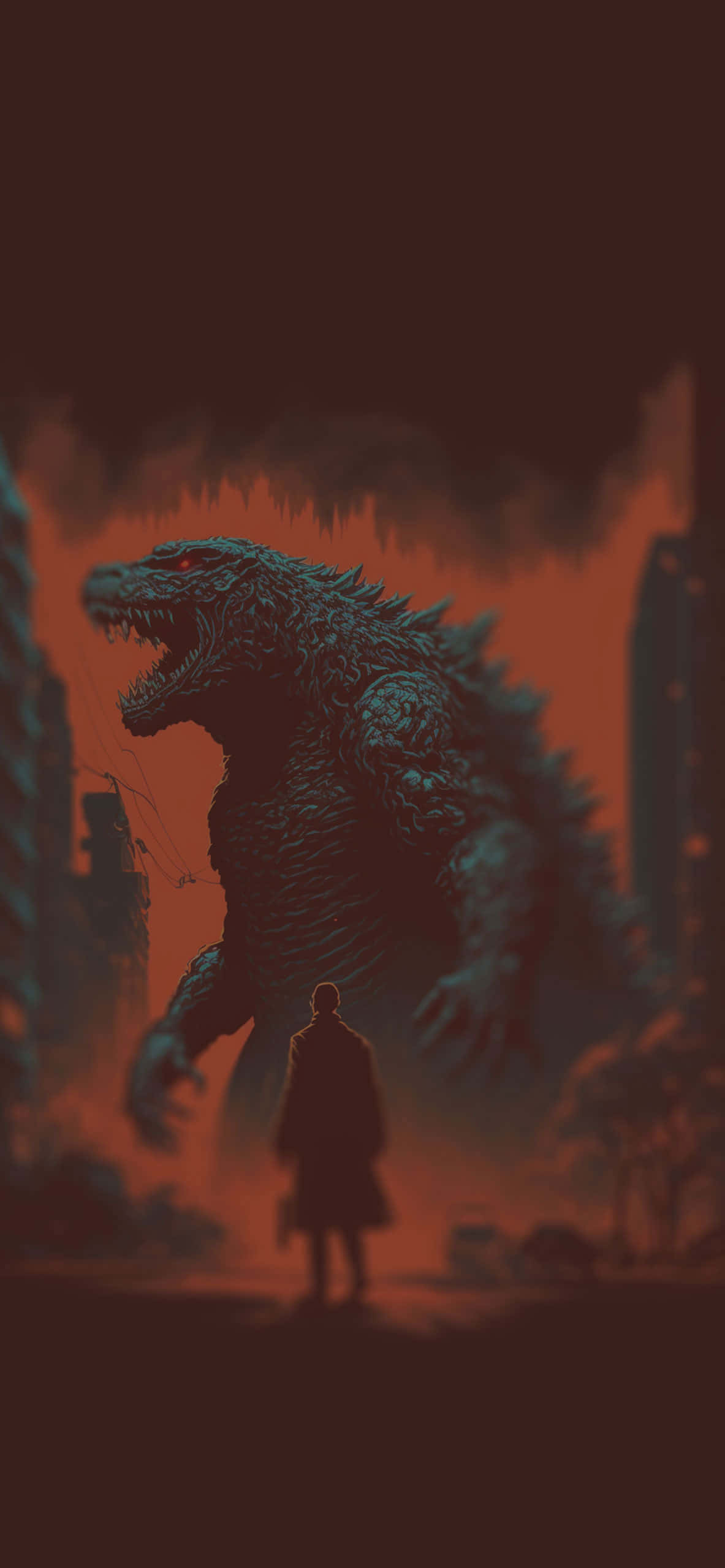 Godzilla, ruined city, ominous red light, 2K Phone Wallpaper