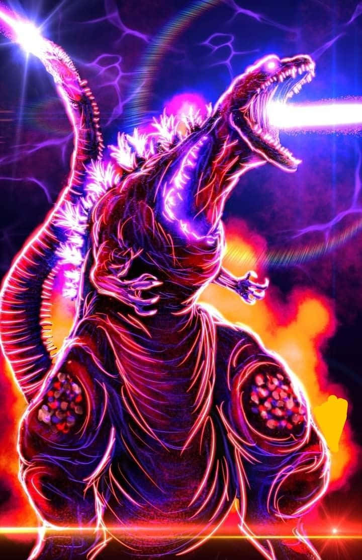 Neon Godzilla, glowing purple and orange energy, cosmic storm backdrop, SD Phone Wallpaper