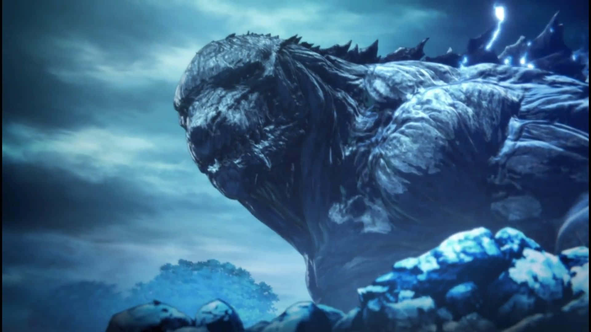 Godzilla Earth, icy Godzilla-like monster, glowing blue dorsal fins, Full HD Desktop Wallpaper