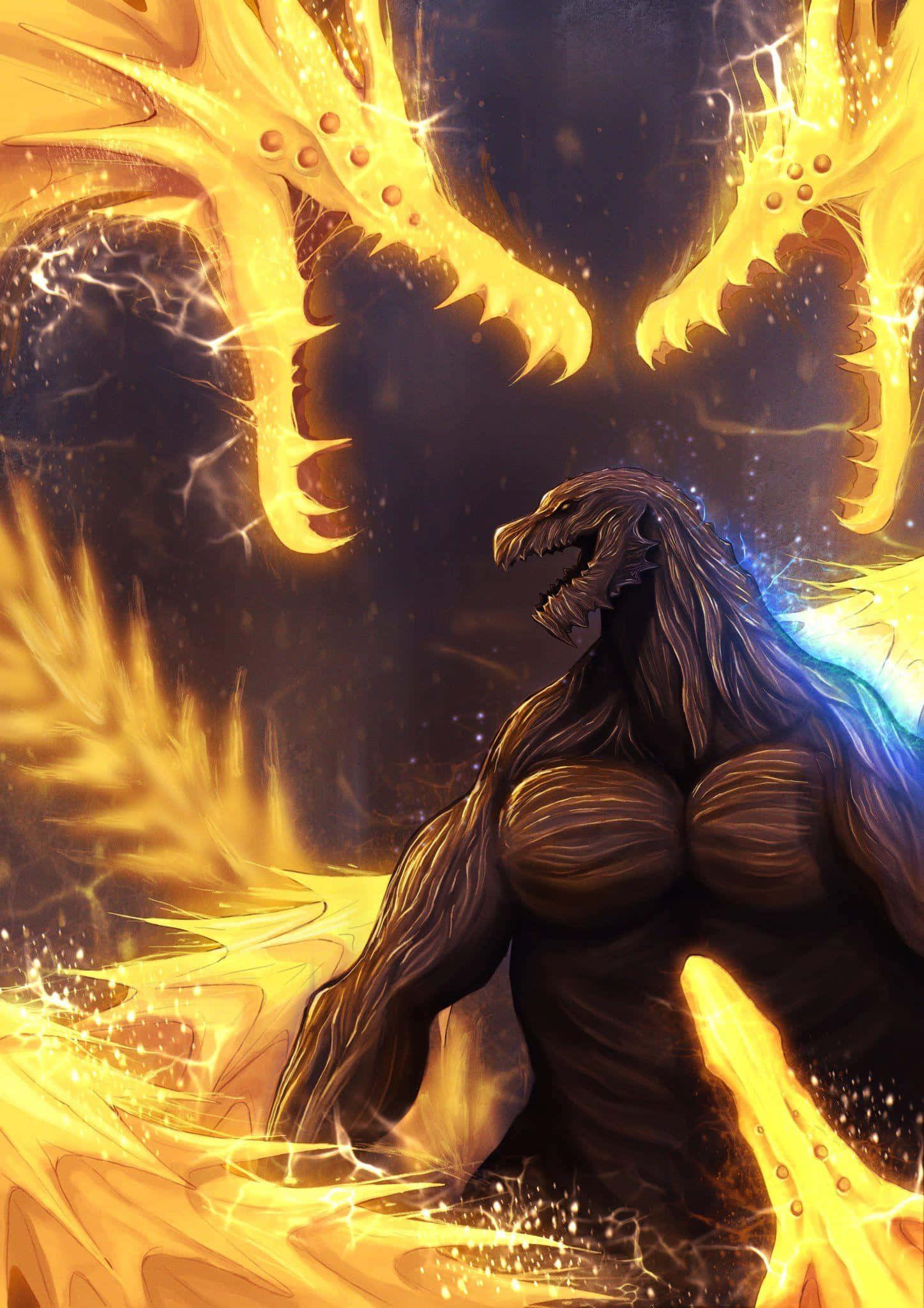 Godzilla Earth, glowing golden wings, glowing golden claws, Full HD Phone Wallpaper
