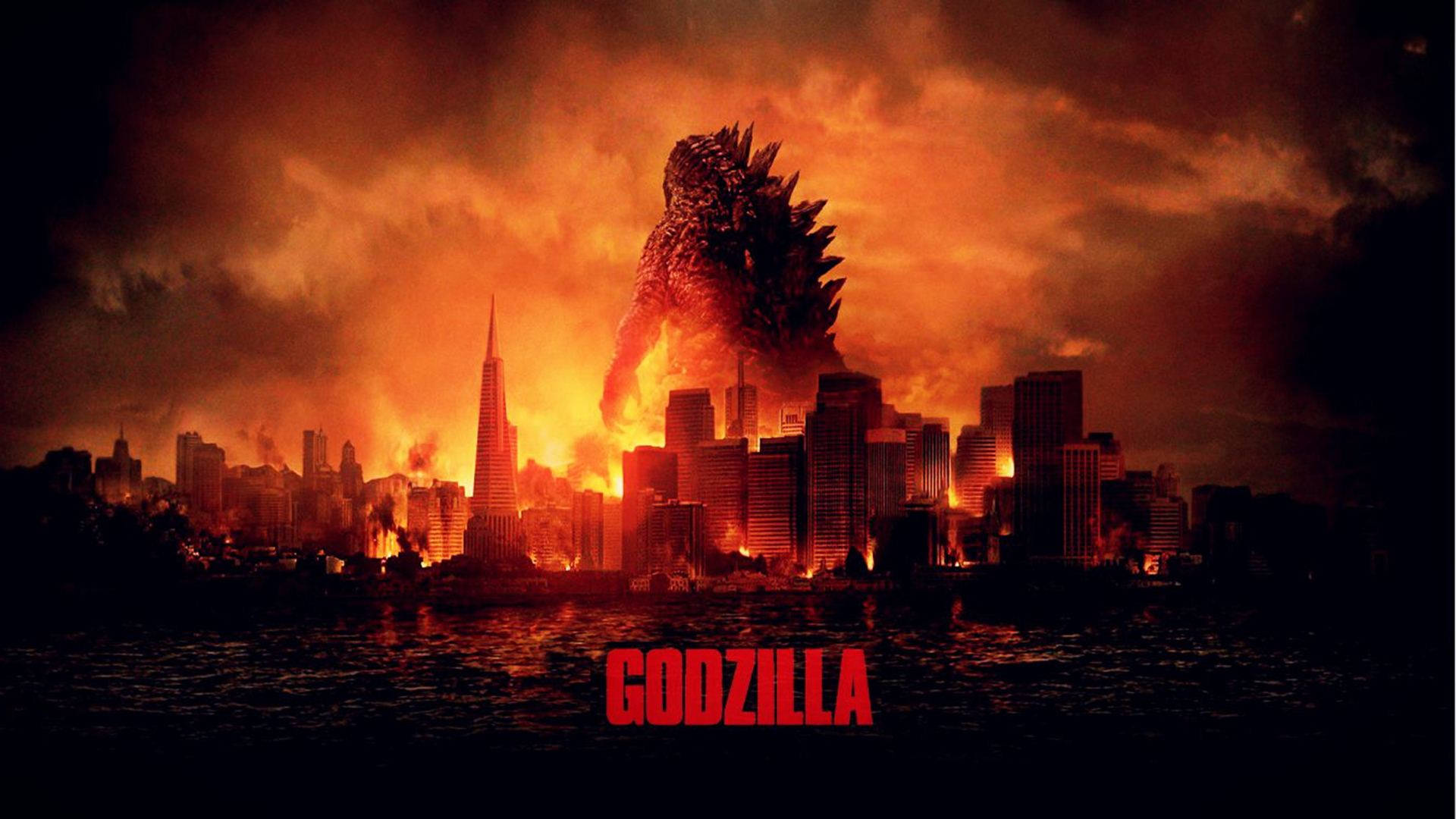 Godzilla, burning megacity, apocalyptic orange sky, Full HD Desktop Wallpaper