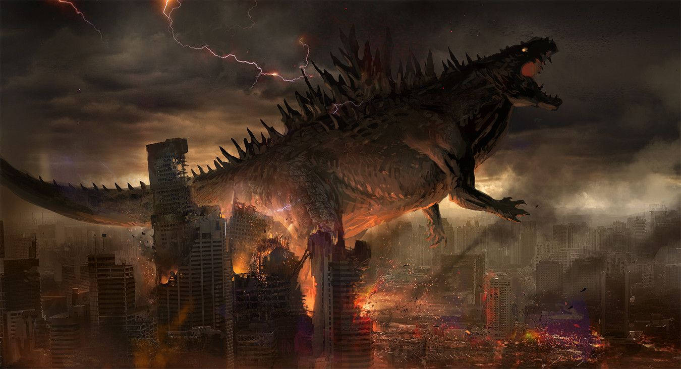 Godzilla, city skyline, stormy sky, HD Desktop Wallpaper