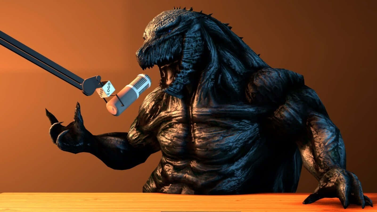 Godzilla Earth, dark textured Godzilla figure, desk, HD Desktop Wallpaper