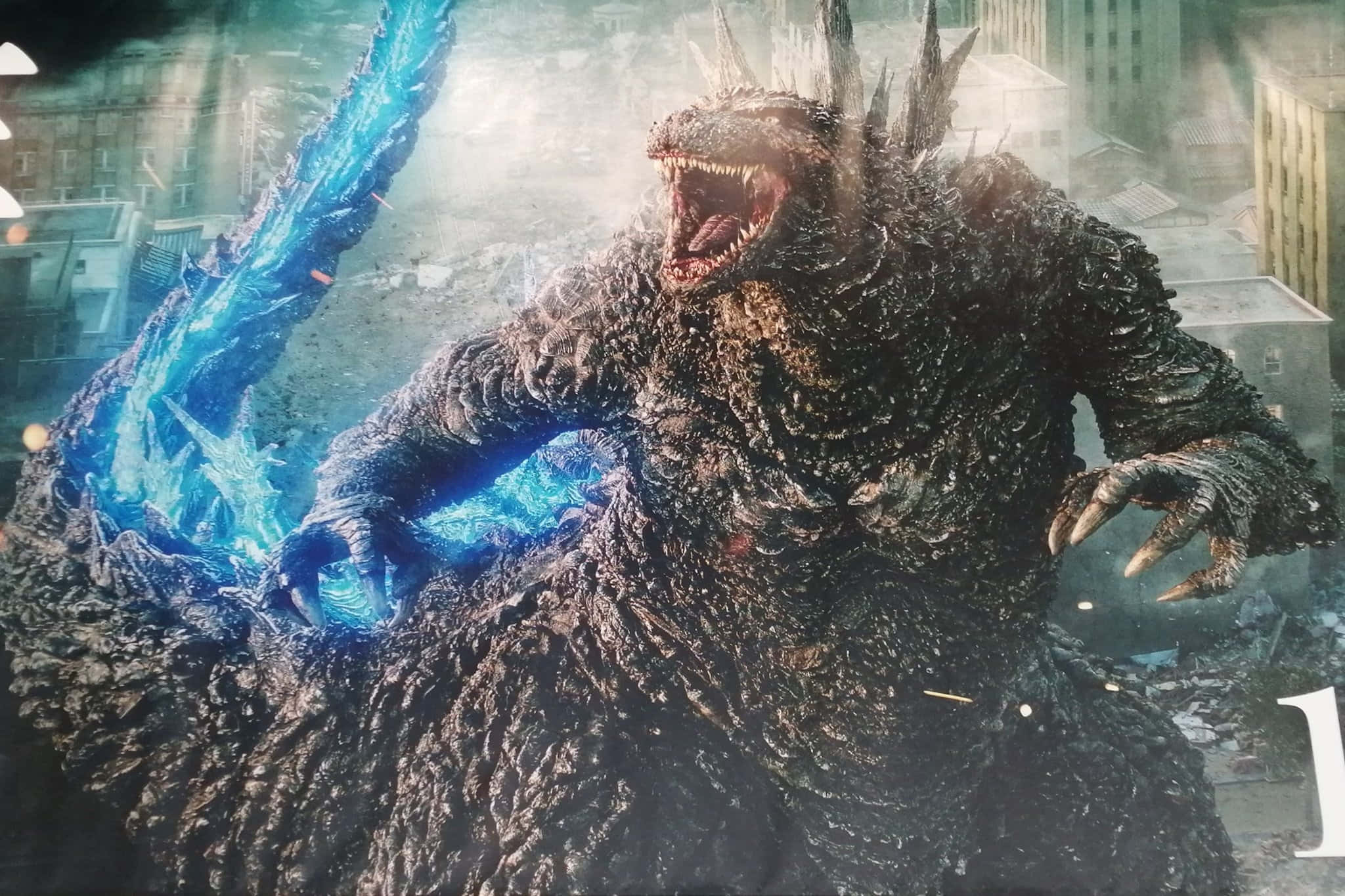 Godzilla, ruined cityscape, glowing blue energy, Full HD Desktop Wallpaper