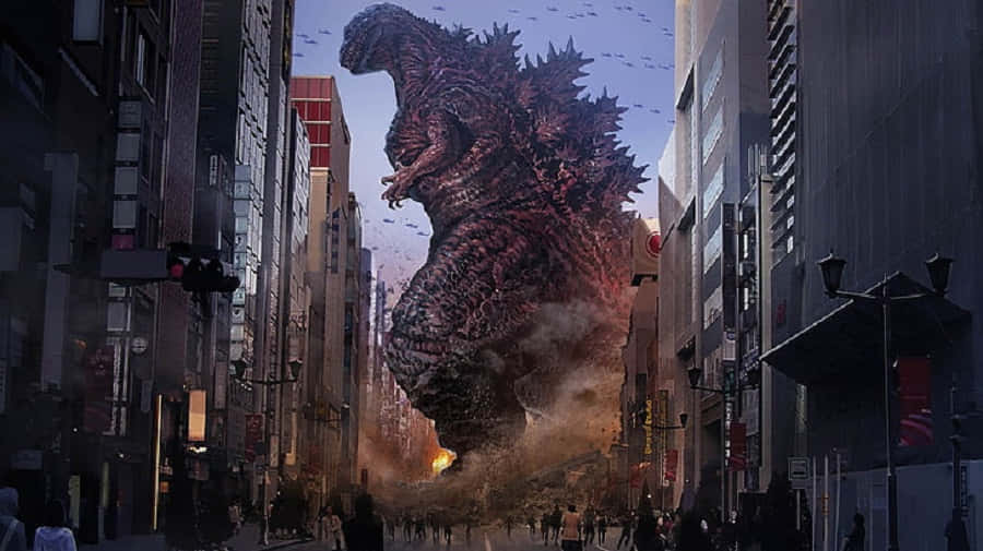 Godzilla, city street, buildings, SD Desktop Wallpaper