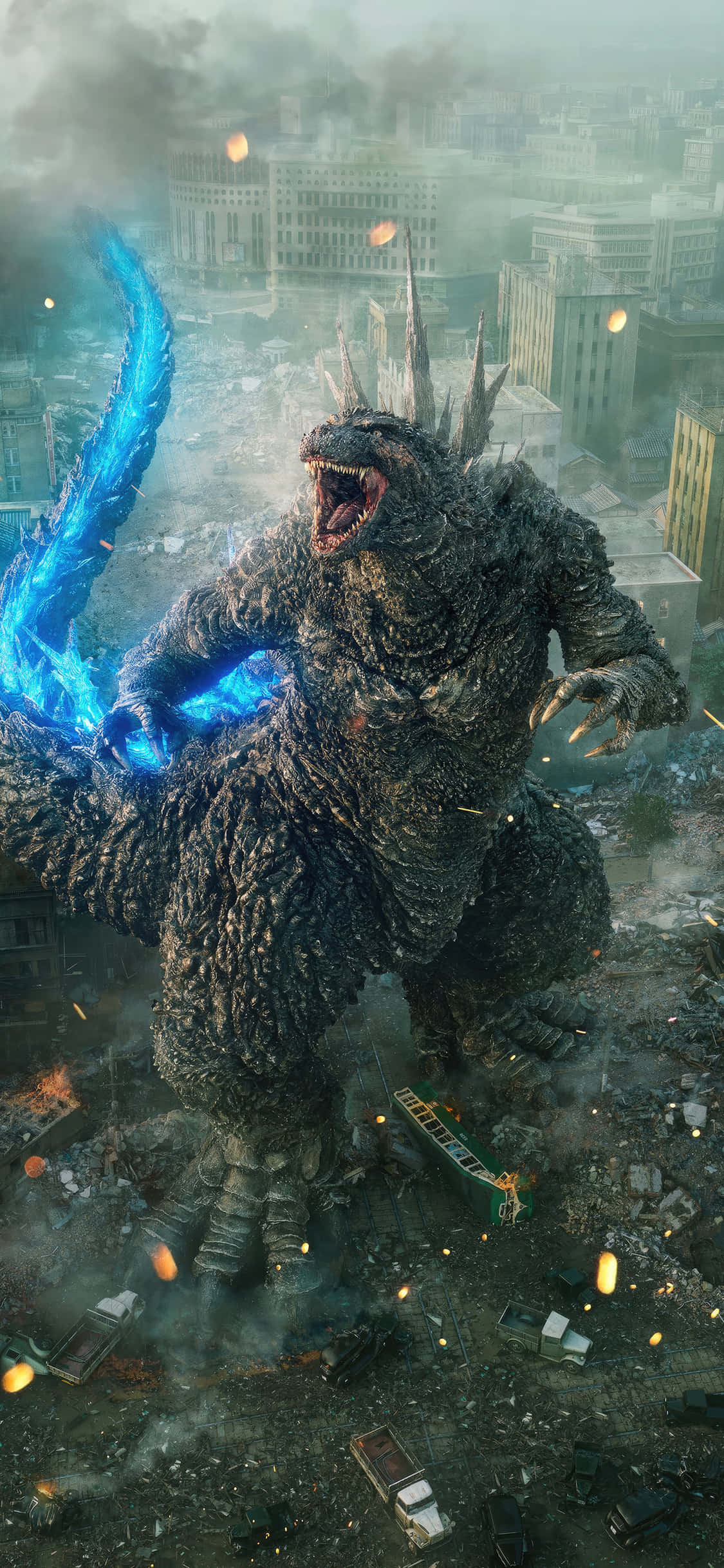 Godzilla, ruined cityscape, glowing blue energy, Full HD Phone Wallpaper