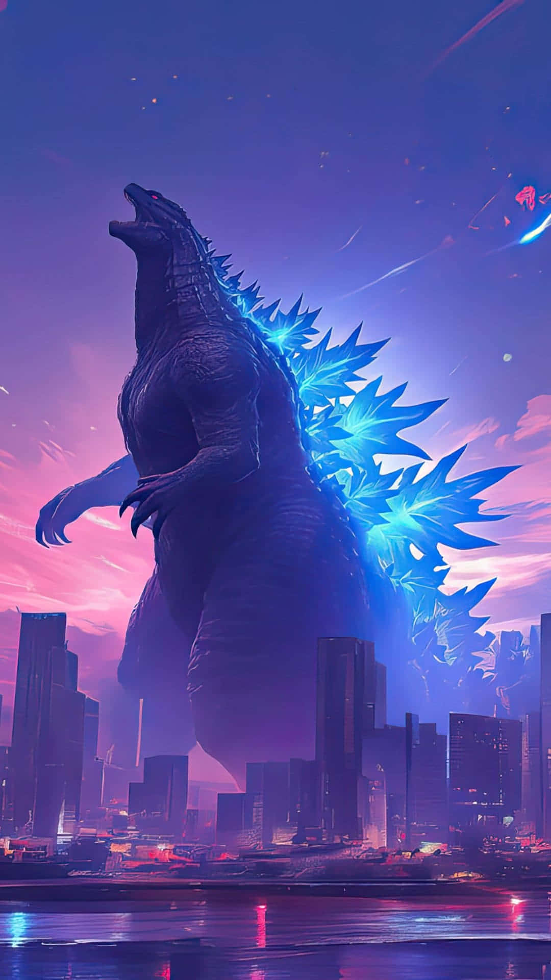 Godzilla, glowing blue dorsal fins, futuristic city skyline, Full HD Phone Wallpaper