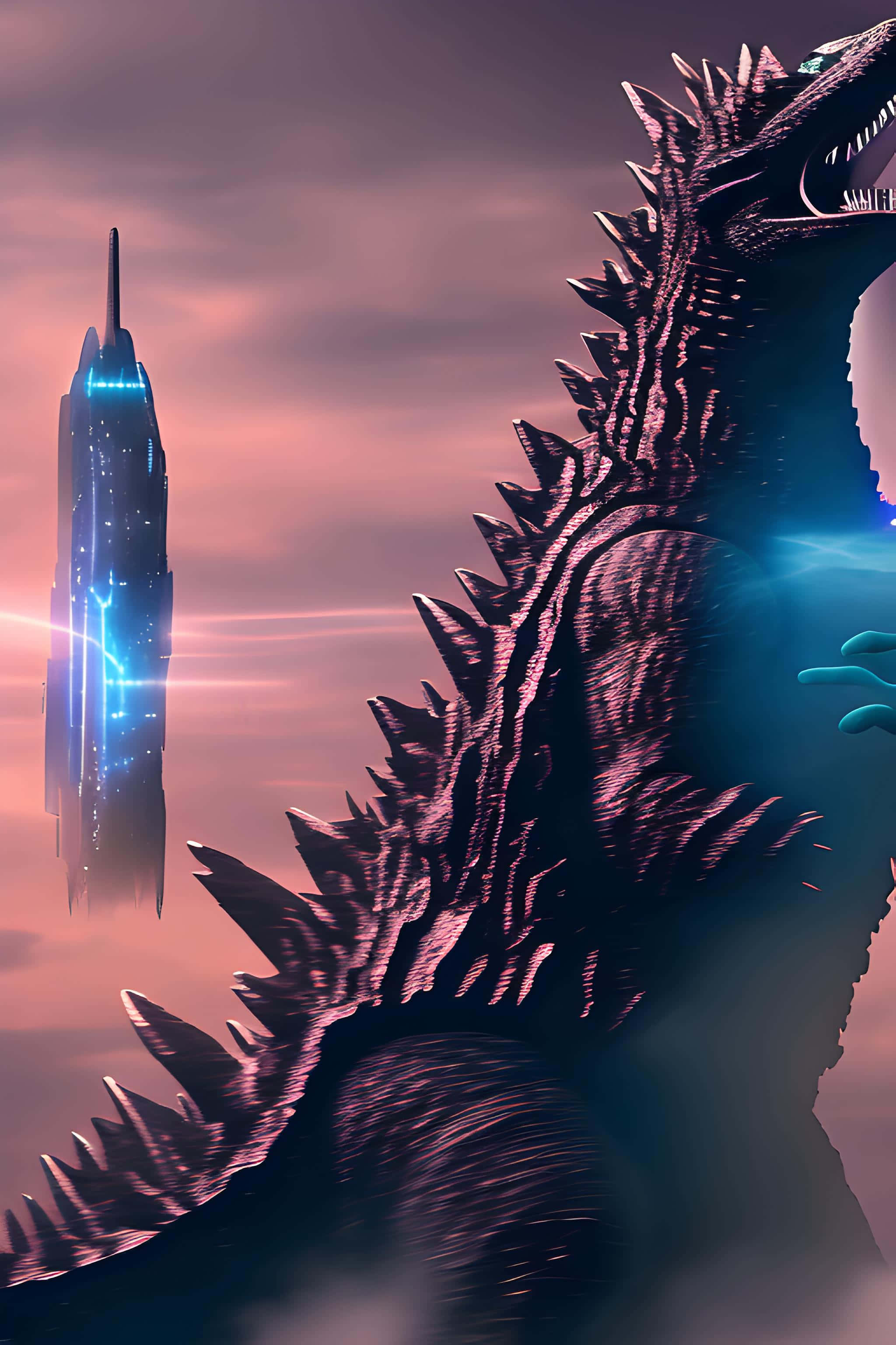 Godzilla, glowing blue eyes, spines, 2K Phone Wallpaper