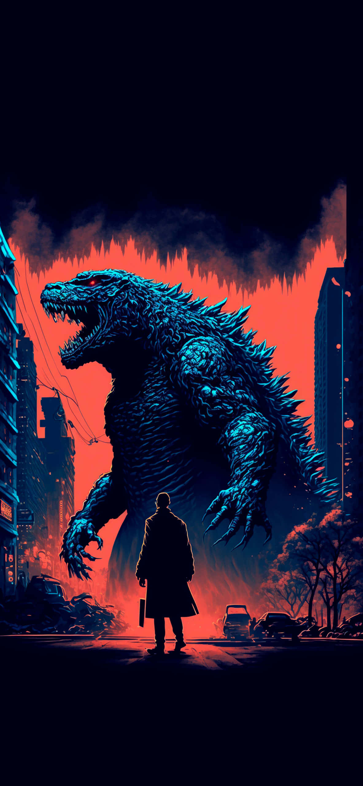 Godzilla, blue Godzilla, ruined city, 2K Phone Wallpaper
