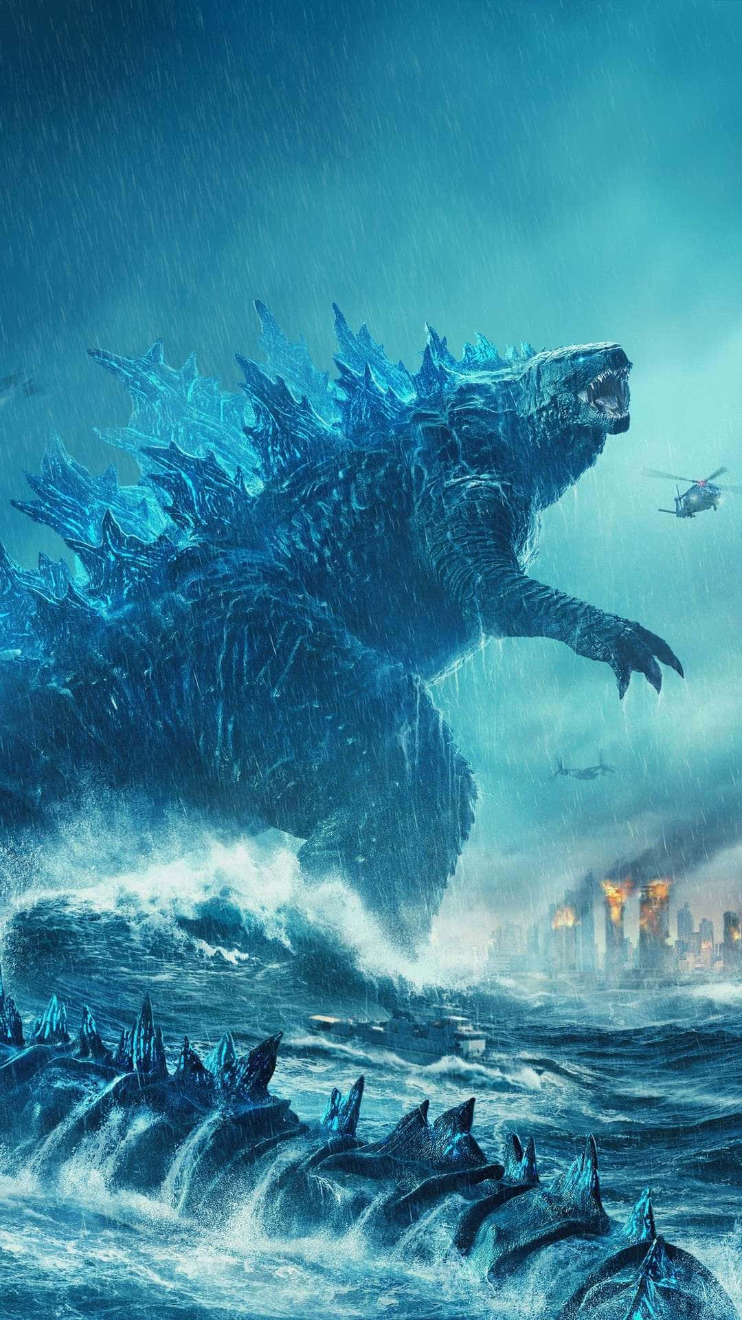 Godzilla, blue Godzilla, stormy ocean waves, Full HD Phone Wallpaper