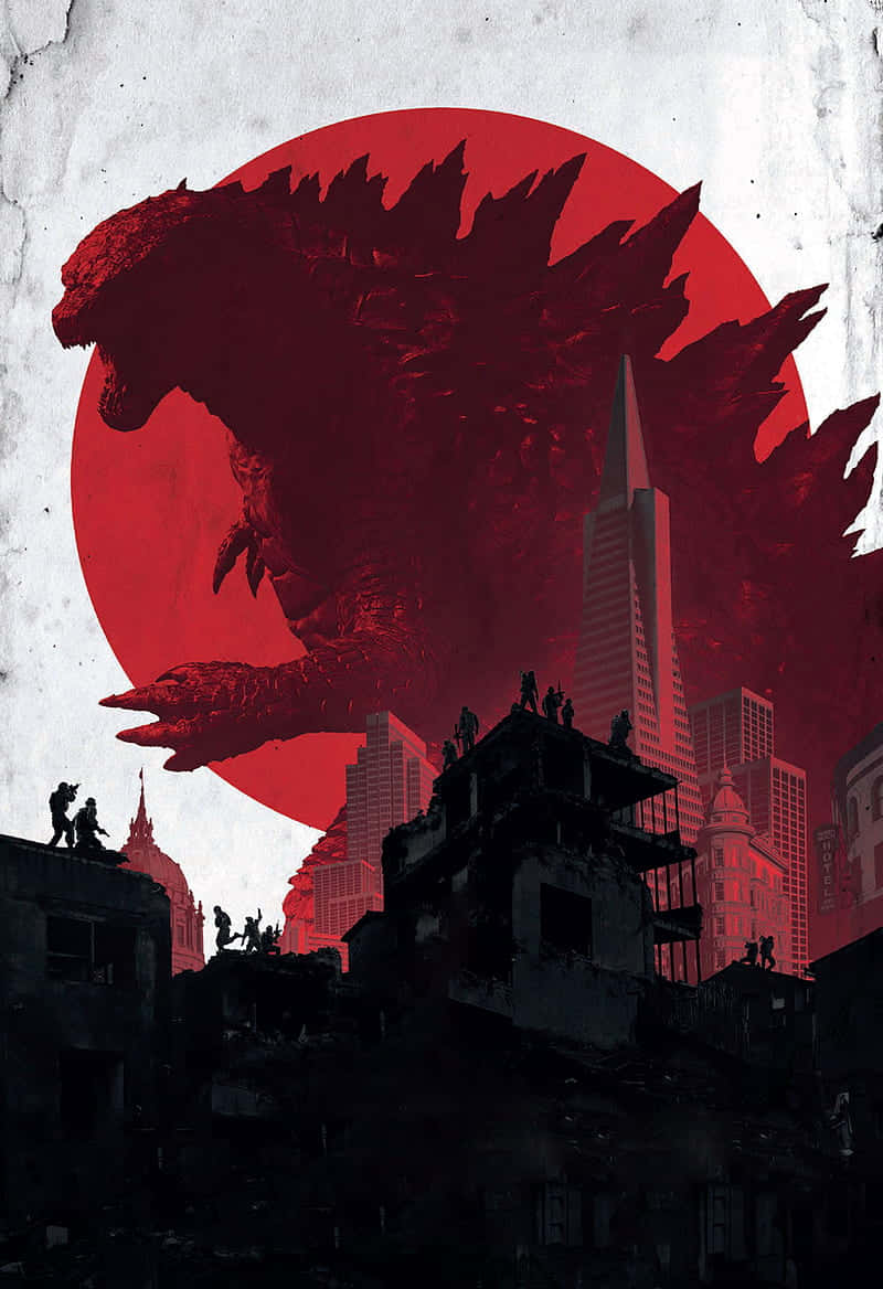 Godzilla, red silhouette, ruined cityscape, SD Phone Wallpaper