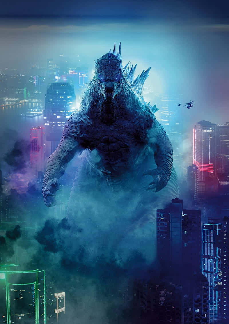 Godzilla, neon-lit cityscape, night, SD Phone Wallpaper