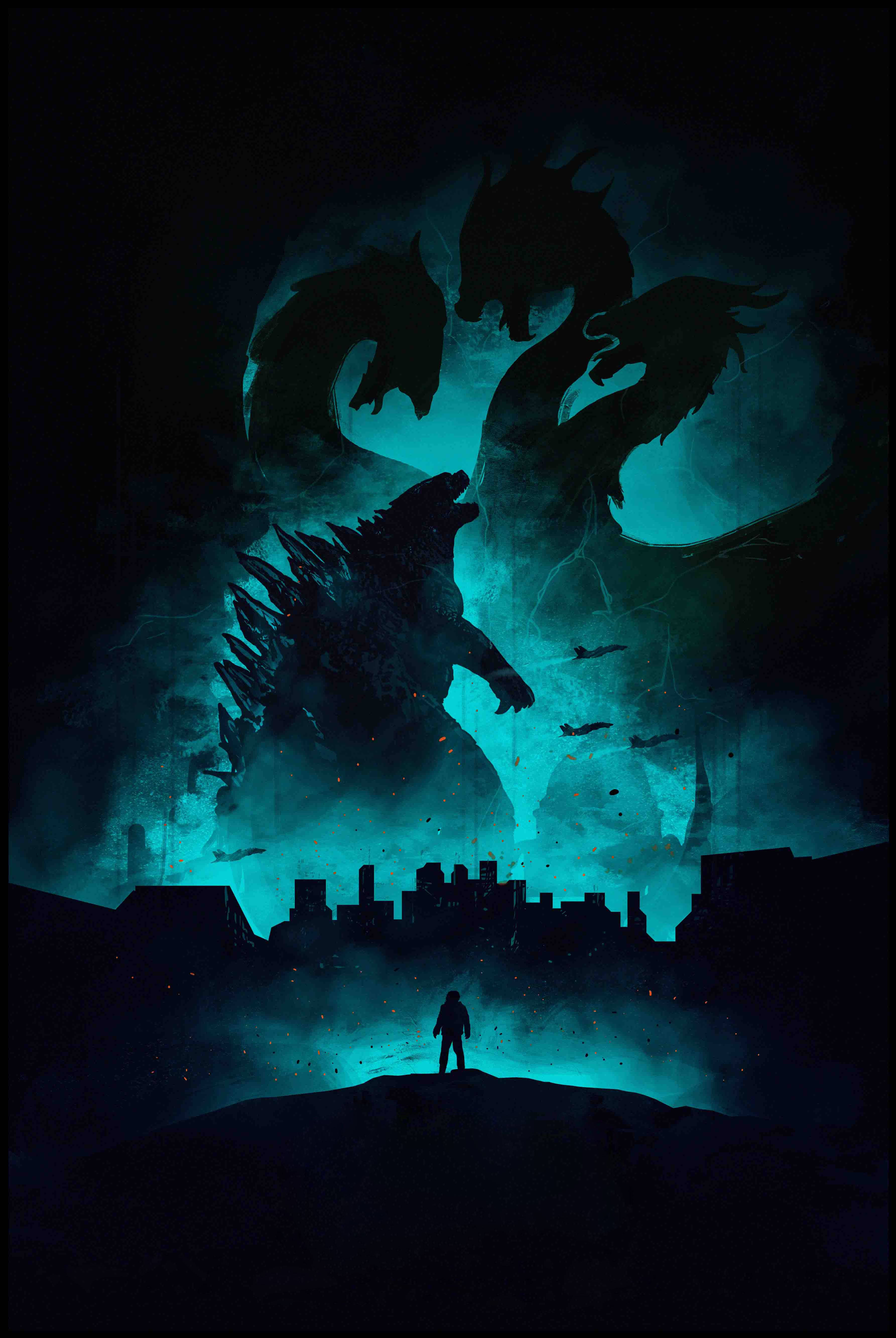 Godzilla King Of The Monsters, three dragons, eerie teal light, 5K Phone Wallpaper