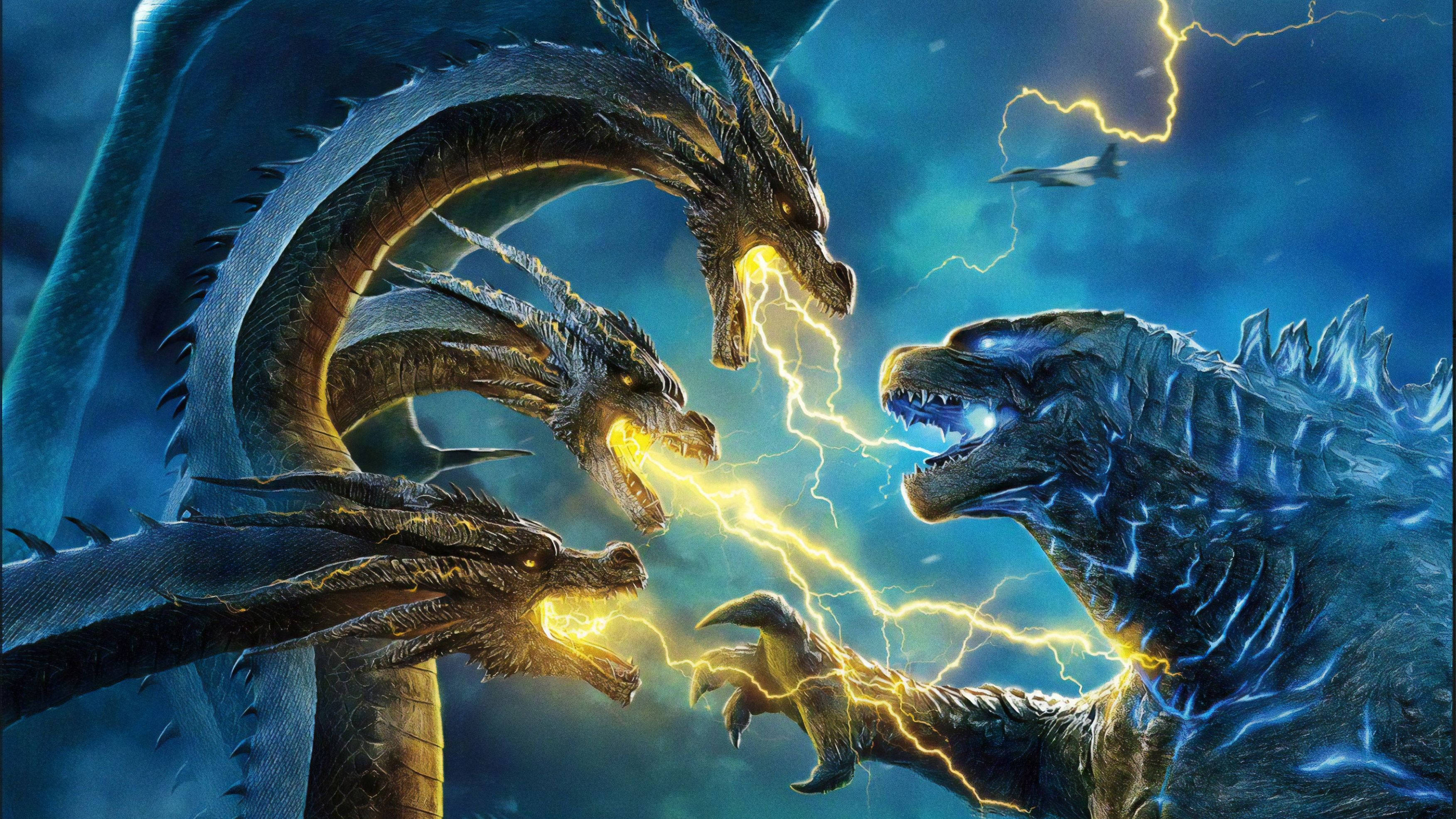 Godzilla King Of The Monsters, three-headed dragon, lightning, 2K Desktop Wallpaper