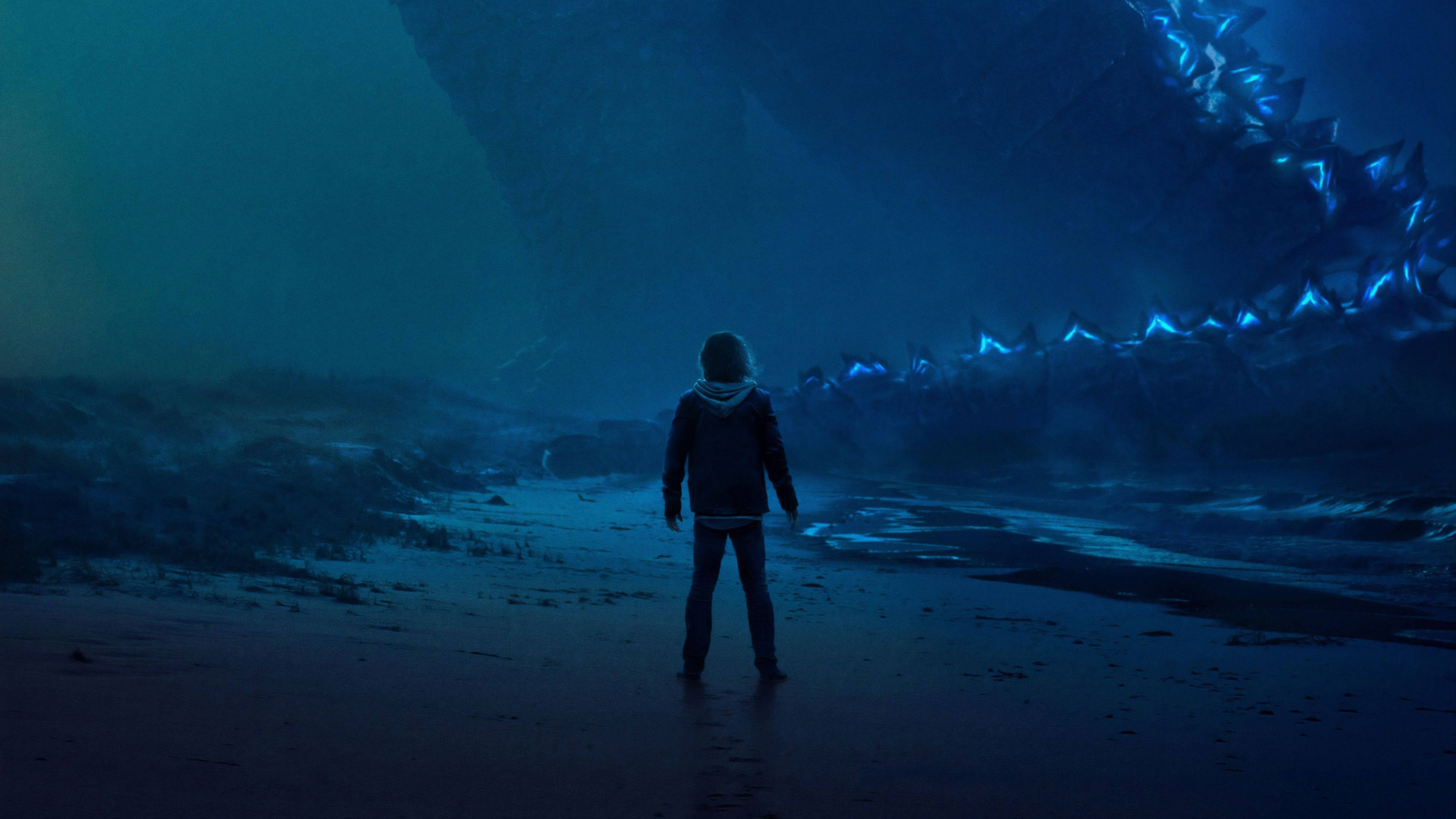 Godzilla King Of The Monsters, colossal glowing blue creature, dark beach, 5K Desktop Wallpaper