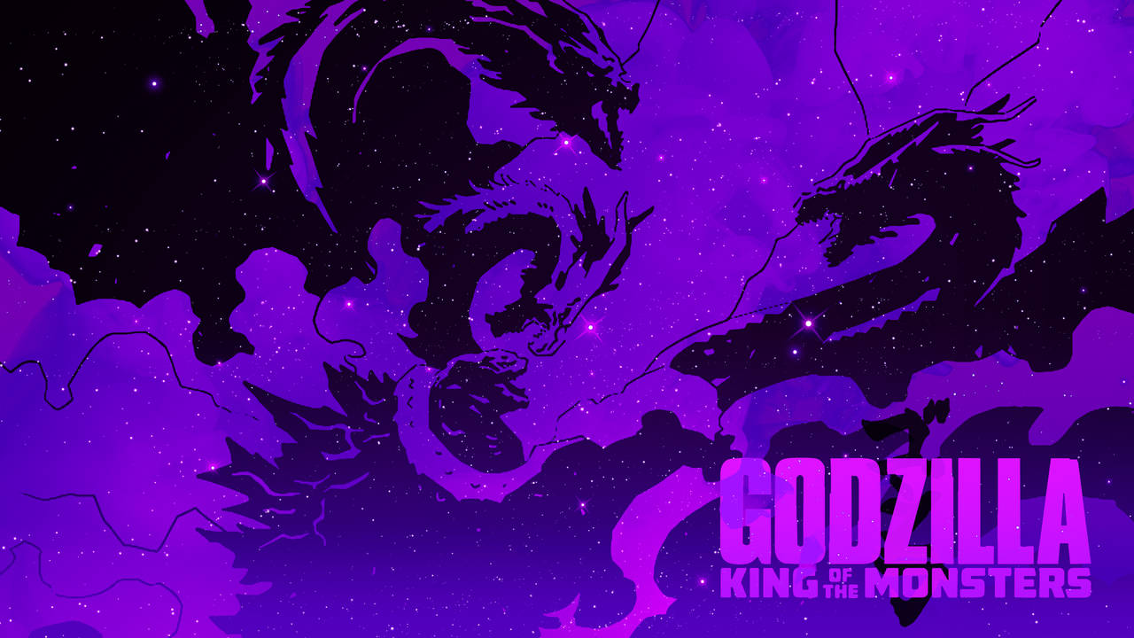 Godzilla King Of The Monsters, cosmic purple starfield, glowing particles, HD Desktop Wallpaper