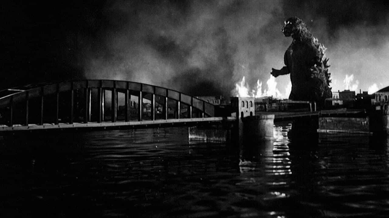Godzilla 1954, The King of Monsters, burning bridge, HD Desktop Wallpaper