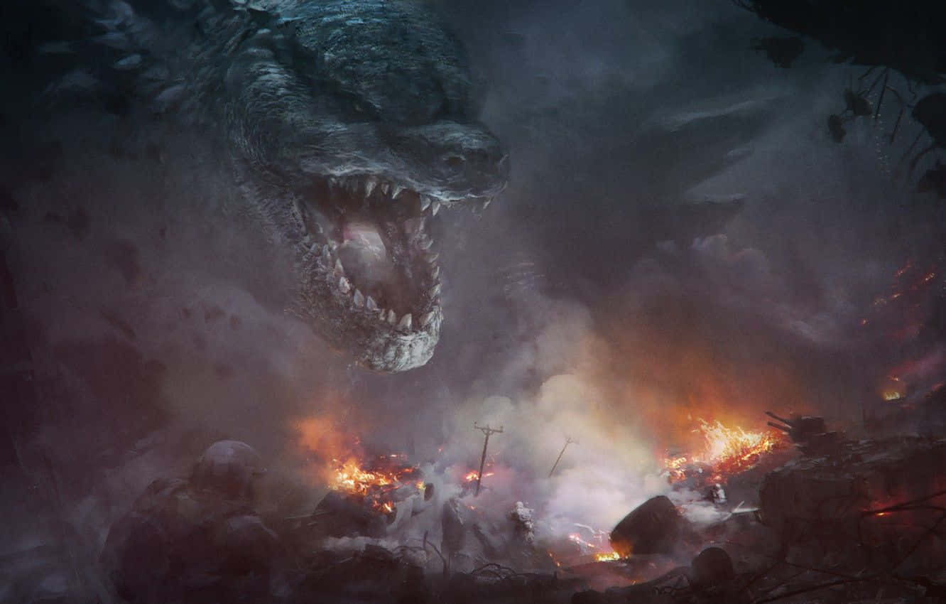 Godzilla, King of Monsters, burning cityscape, HD Desktop Wallpaper