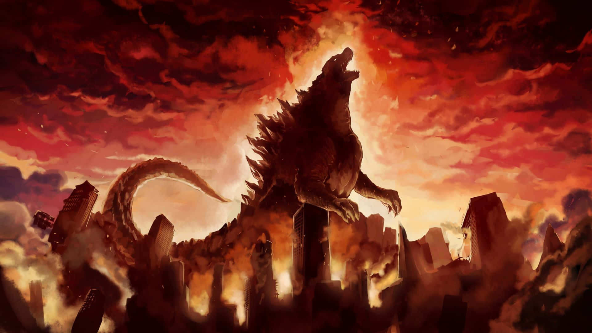 Godzilla 2014, King of the Monsters, burning city skyline, Full HD Desktop Wallpaper