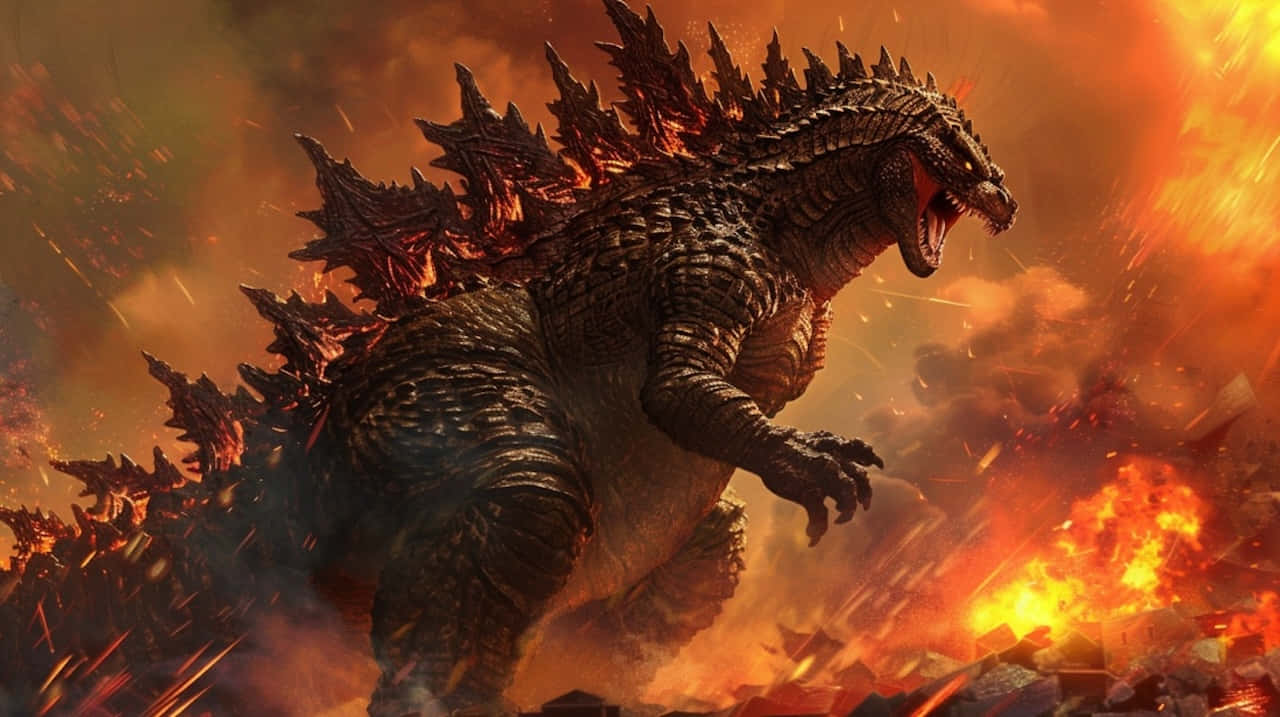 Godzilla, fiery explosions, crumbling debris, HD Desktop Wallpaper