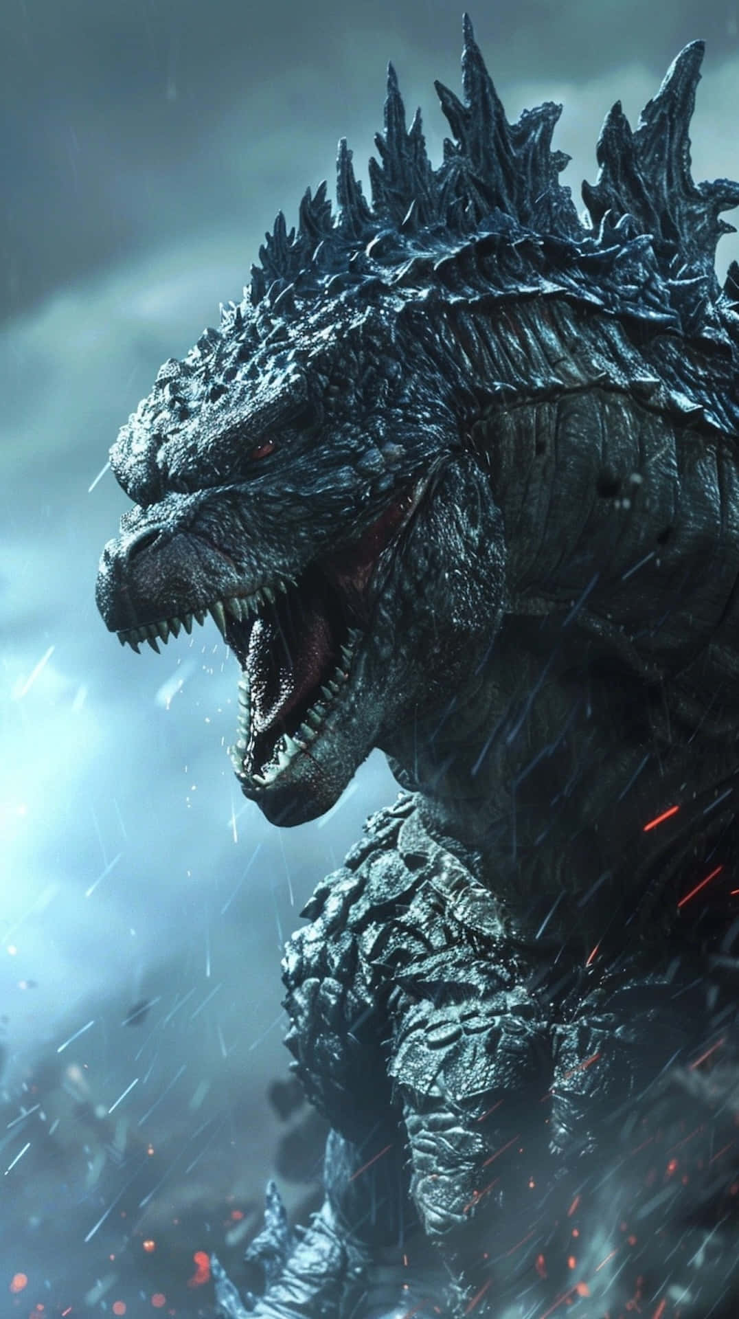 Godzilla, spiked dorsal fins, glowing red eyes, Full HD Phone Wallpaper