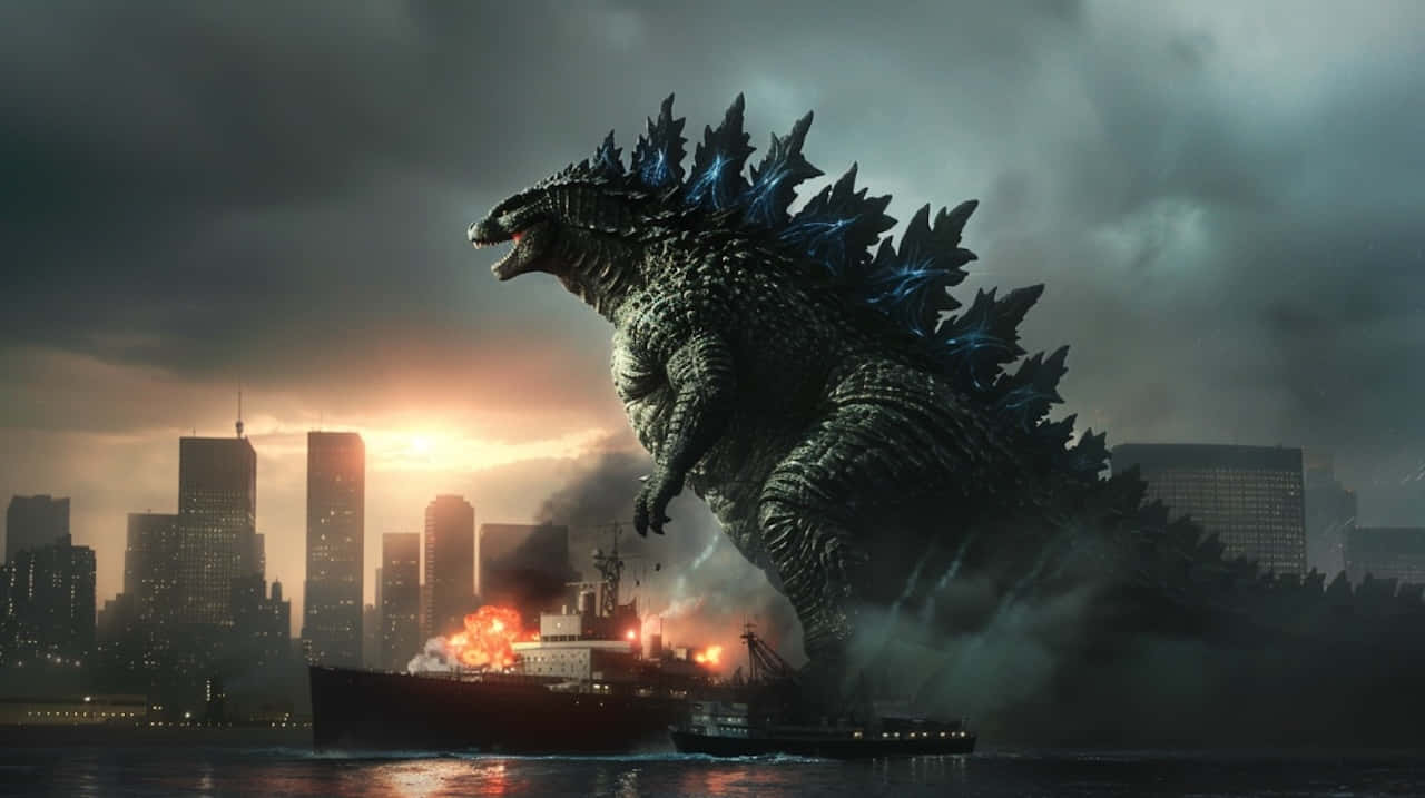 Godzilla, glowing blue dorsal fins, burning ship, HD Desktop Wallpaper