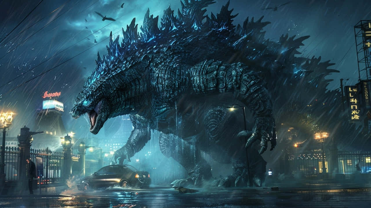 Godzilla, rainy city, glowing blue spikes, HD Desktop Wallpaper
