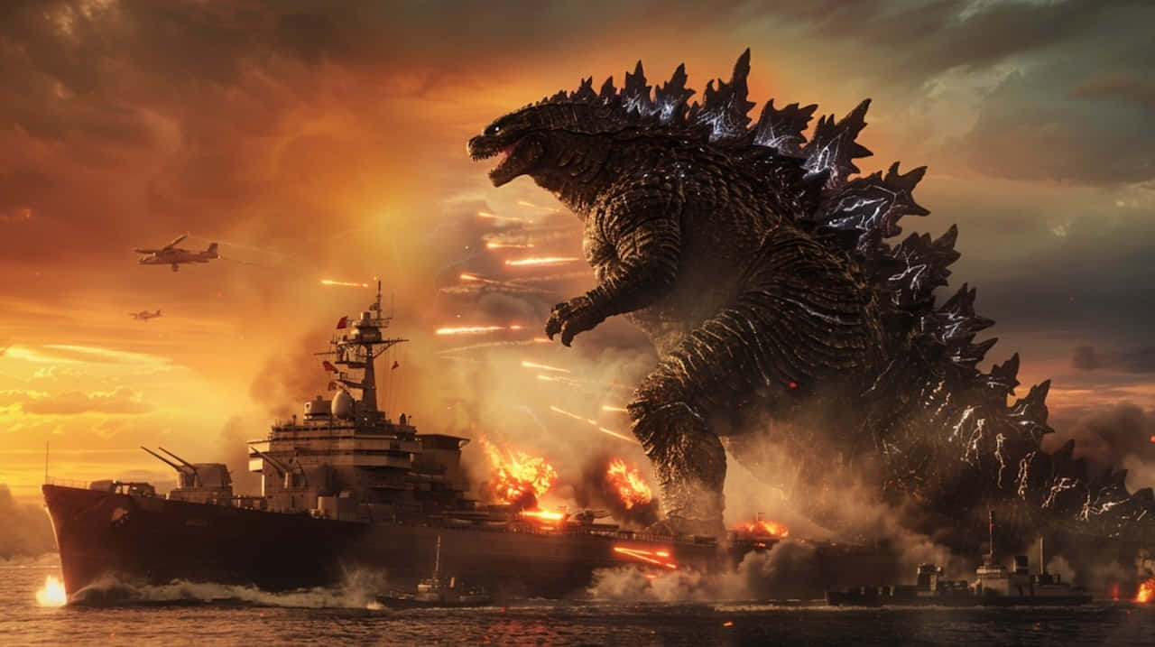 Godzilla, naval ships, fighter jets, HD Desktop Wallpaper
