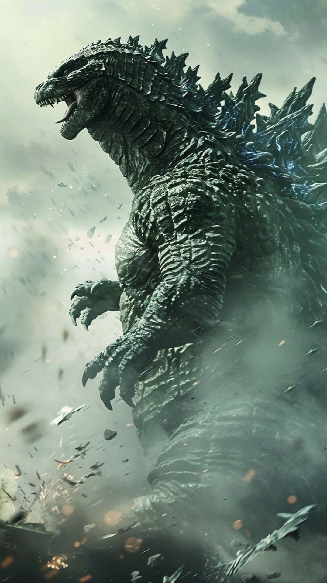 Godzilla, stormy sky, shattered debris, Full HD Phone Wallpaper