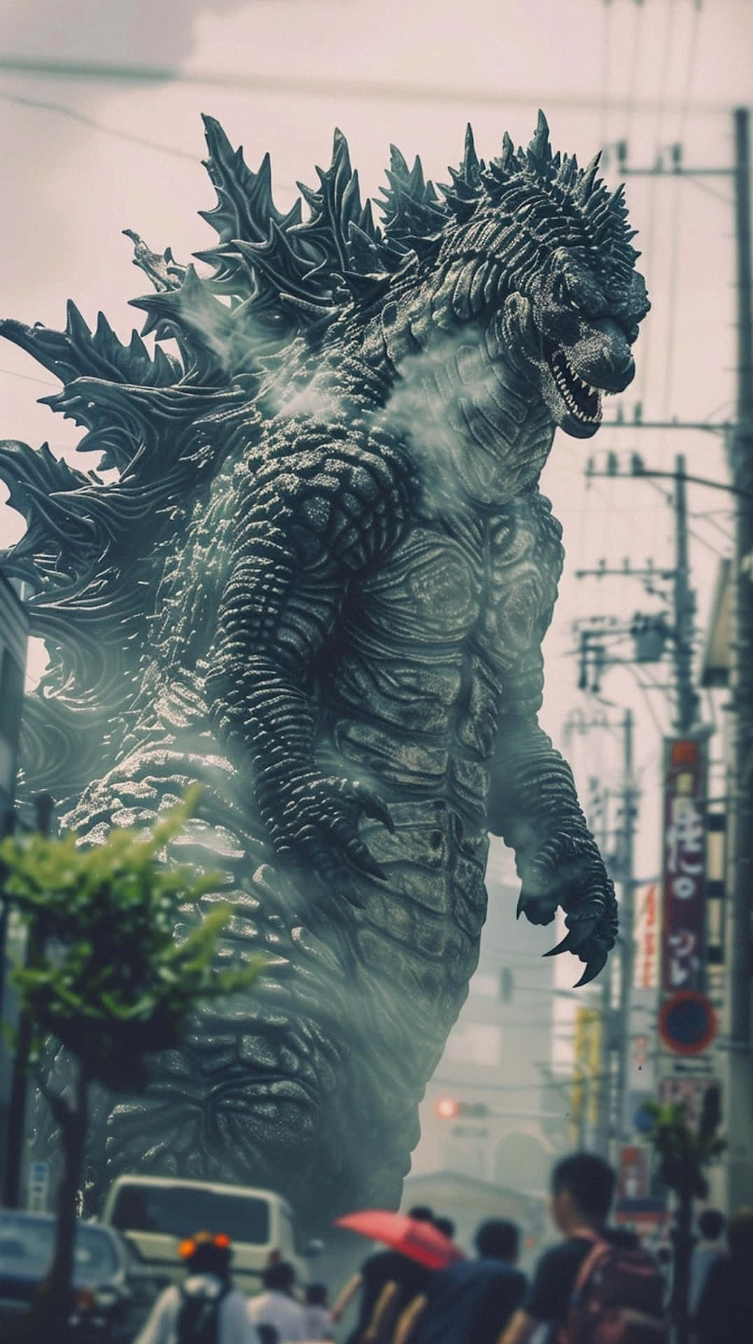Godzilla, urban setting, city street, Full HD Phone Wallpaper