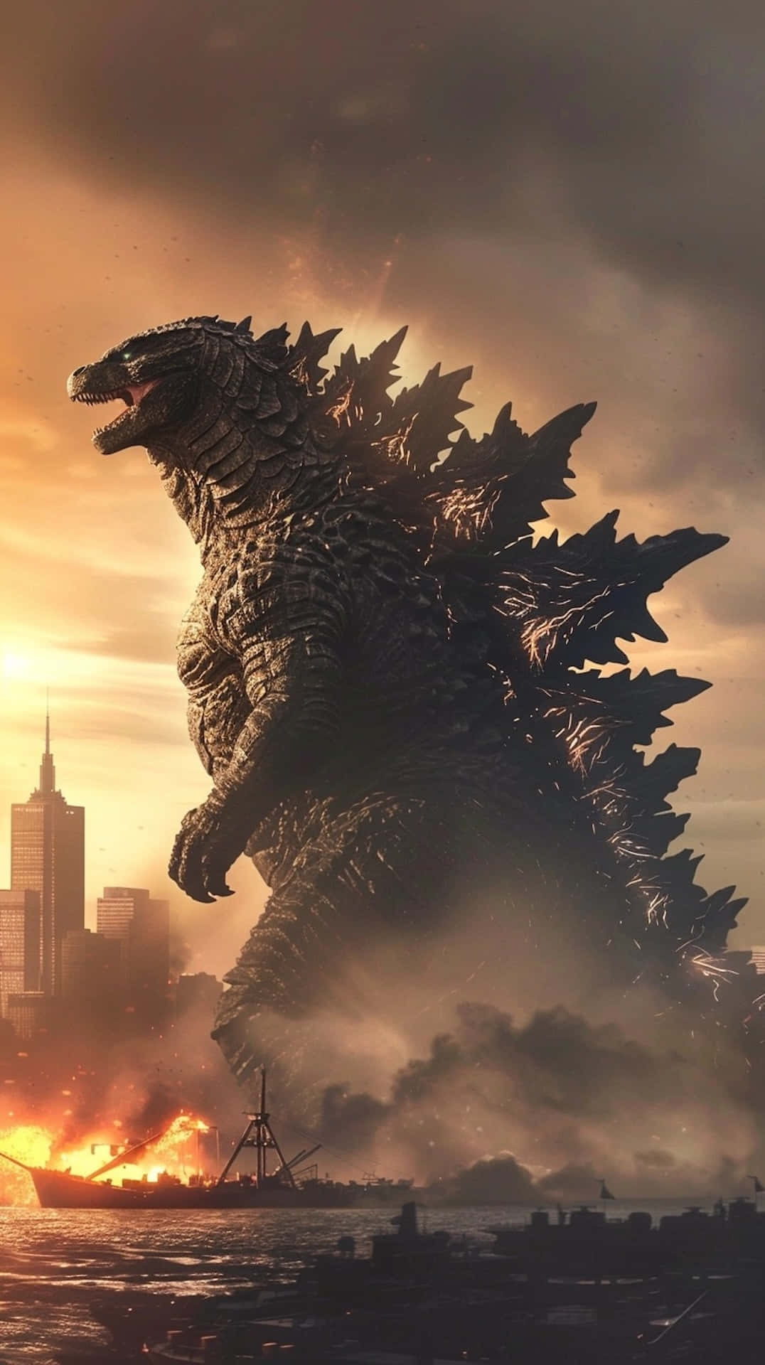 Godzilla, dusk, burning cityscape, Full HD Phone Wallpaper