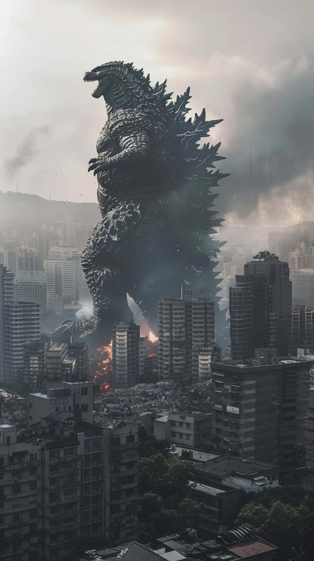 Godzilla, cityscape, stormy gray sky, Full HD Phone Wallpaper