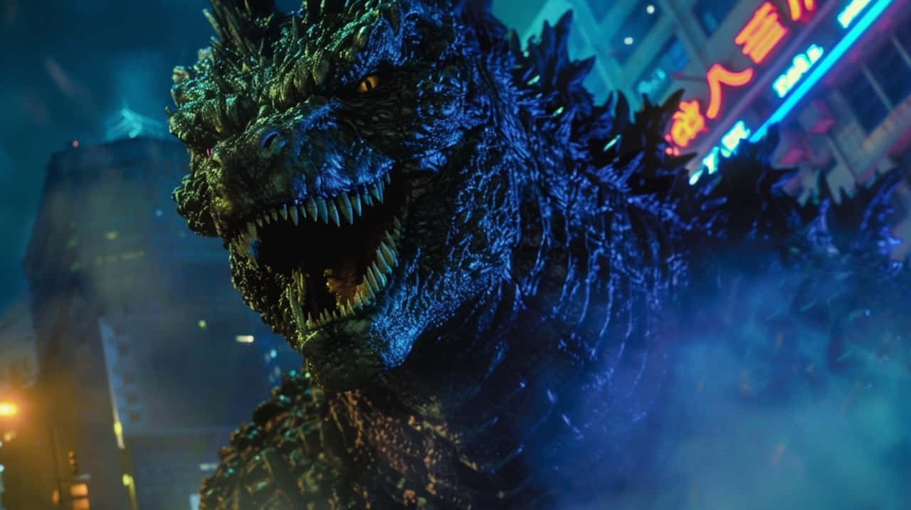 Godzilla, neon-lit cityscape, nighttime, HD Desktop Wallpaper