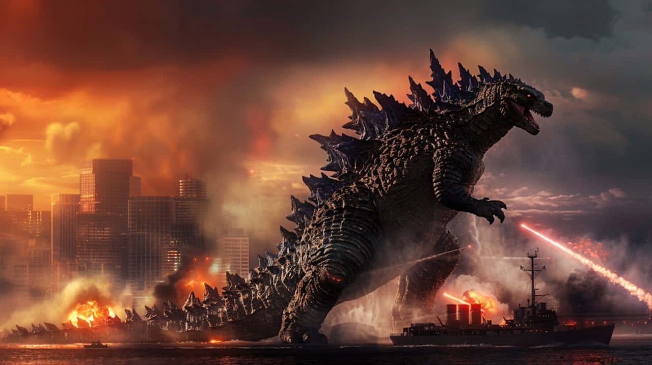 Godzilla, burning cityscape, sunset, HD Desktop Wallpaper