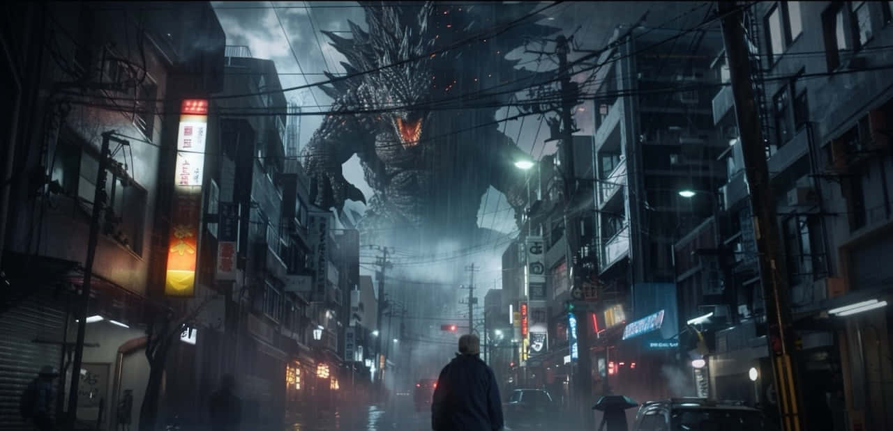 Godzilla, neon-lit city street, rain-slicked, HD Desktop Wallpaper