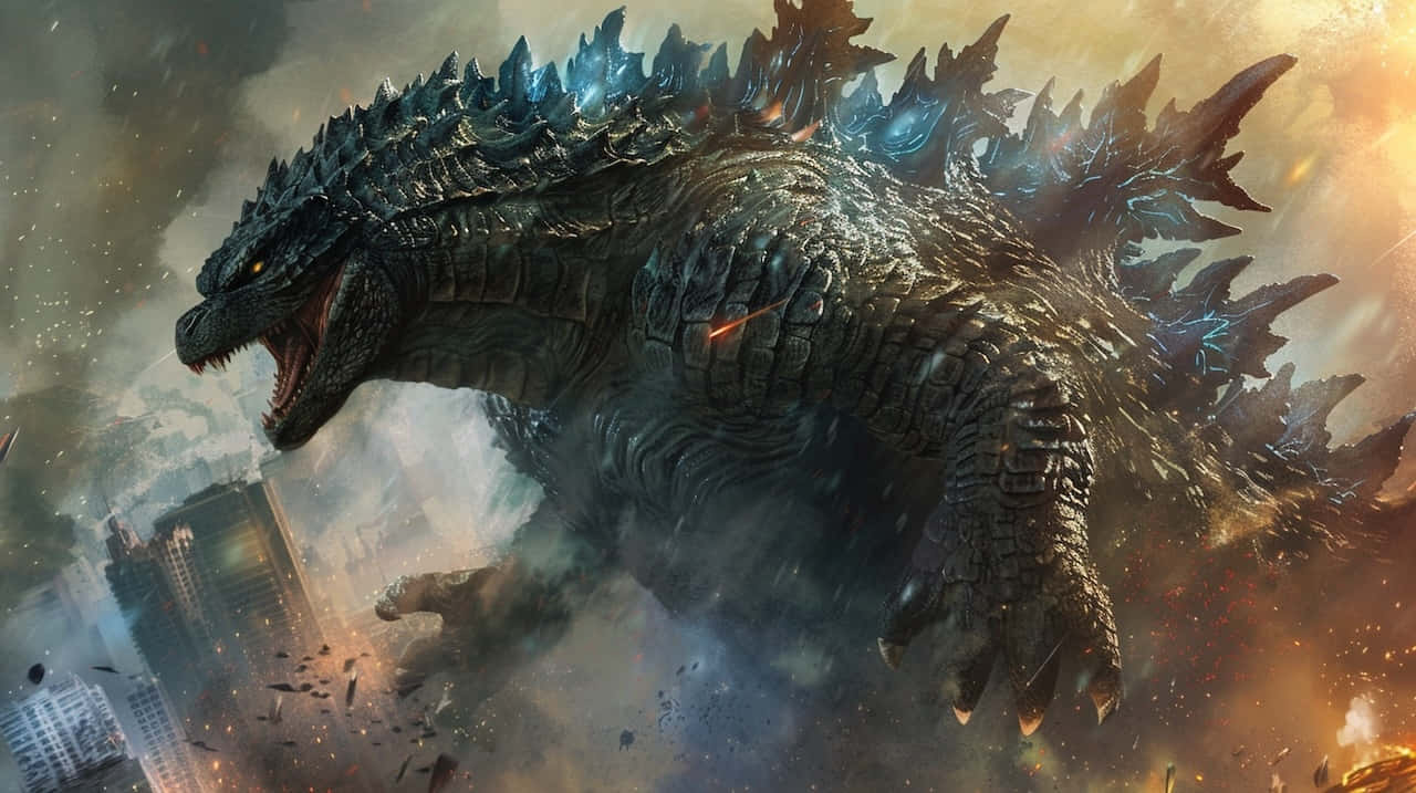 Godzilla, colossal, crumbling cityscape, HD Desktop Wallpaper