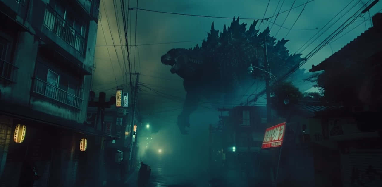 Godzilla, Japanese street, neon-lit, HD Desktop Wallpaper