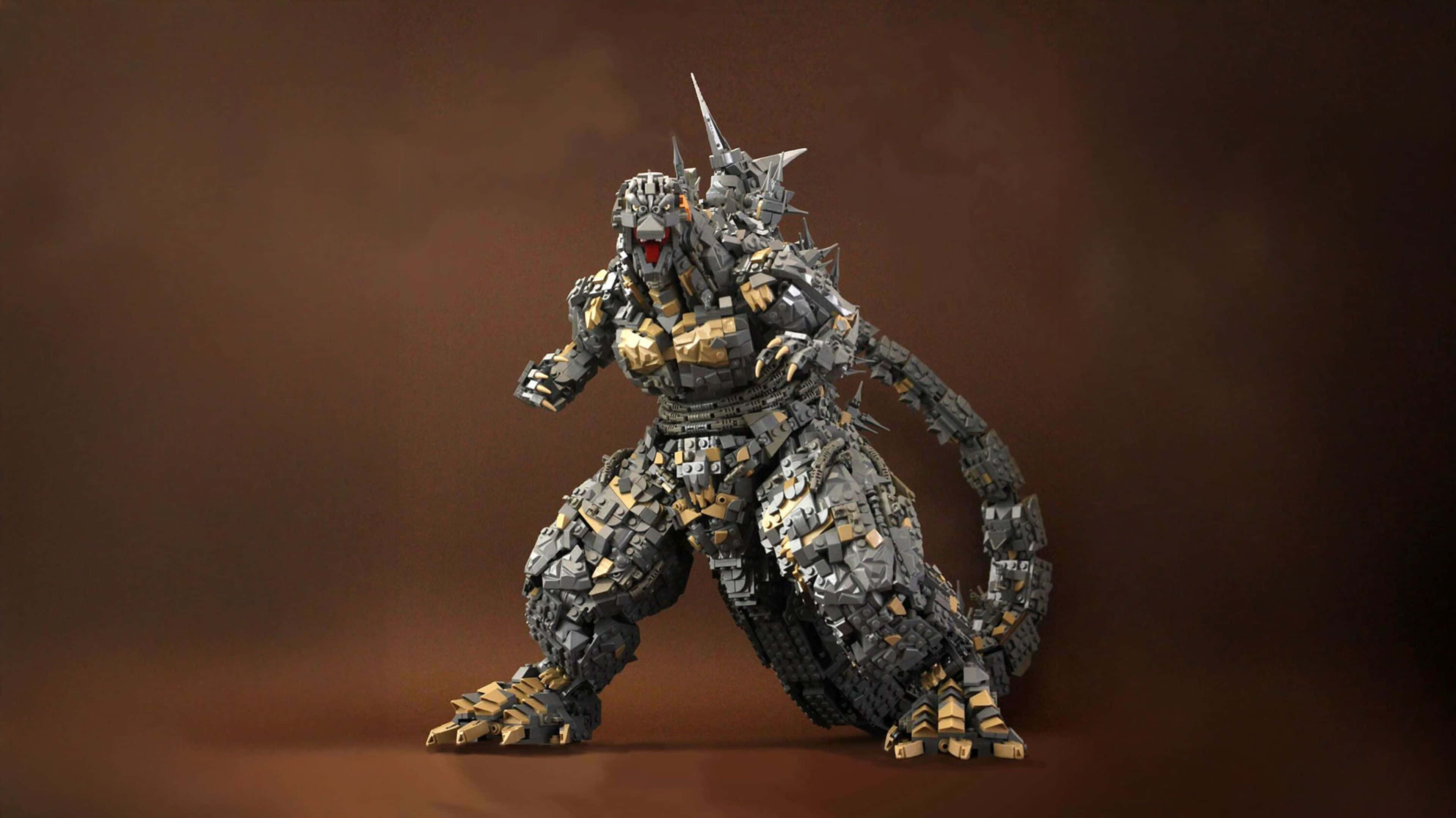 Godzilla Minus One, 4k figure, gray and gold metallic LEGO bricks, 4K Desktop Wallpaper