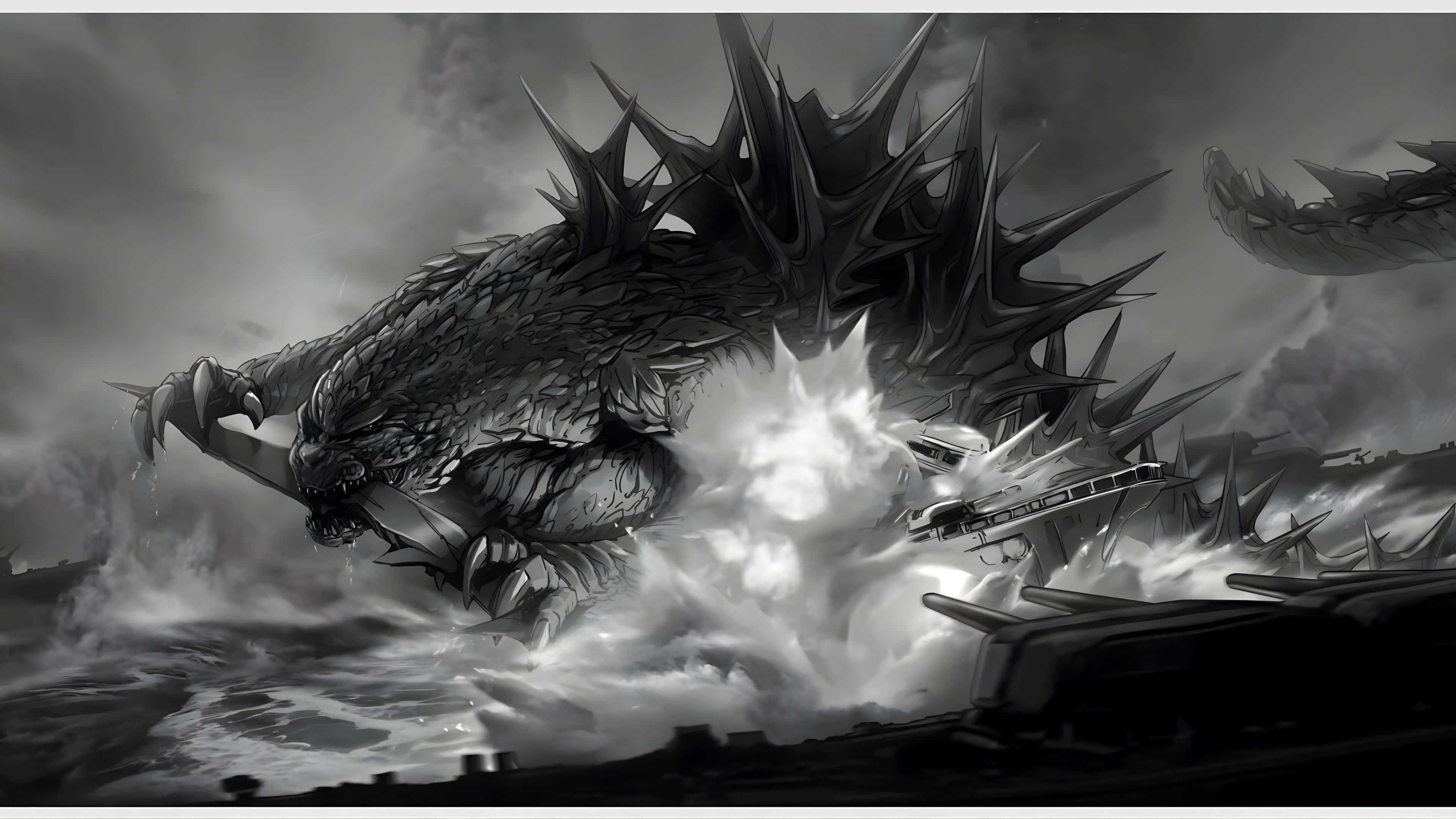 Godzilla Minus One, 4k scene, monstrous spiky dragon, 4K Desktop Wallpaper