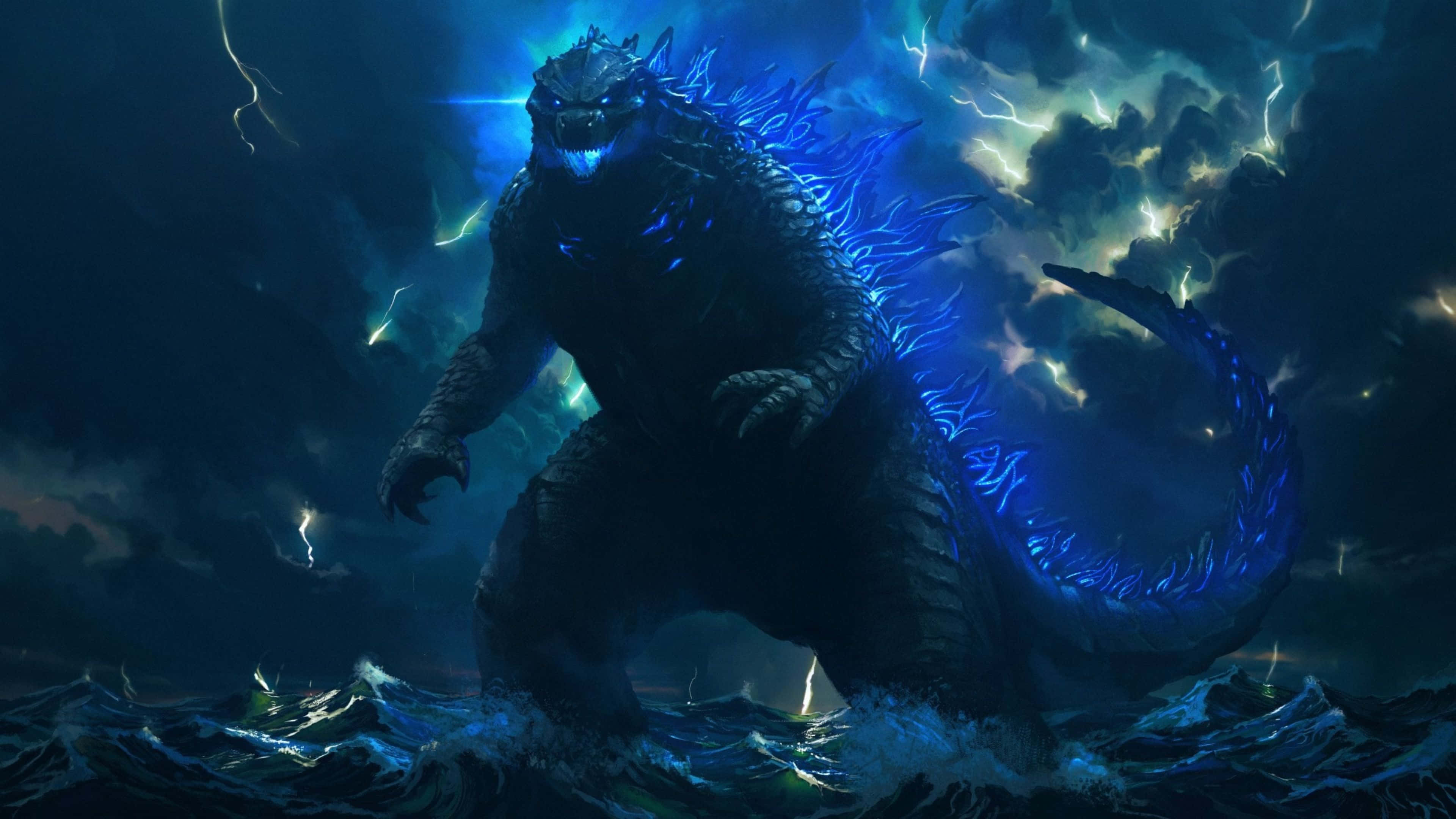 Godzilla Minus One, glowing blue dorsal fins, stormy ocean waters, 4K Desktop Wallpaper