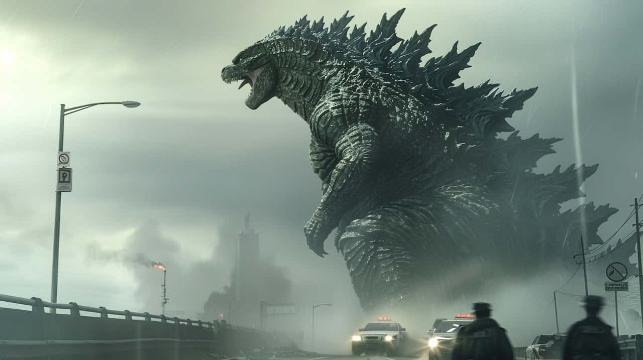 Godzilla, rain-slicked city street, police cars, HD Desktop Wallpaper